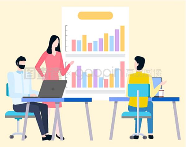 男女經(jīng)紀(jì)人分析交易并討論商業(yè)圖表上的銷售統(tǒng)計數(shù)據(jù)。矢量卡通人物和圖表。